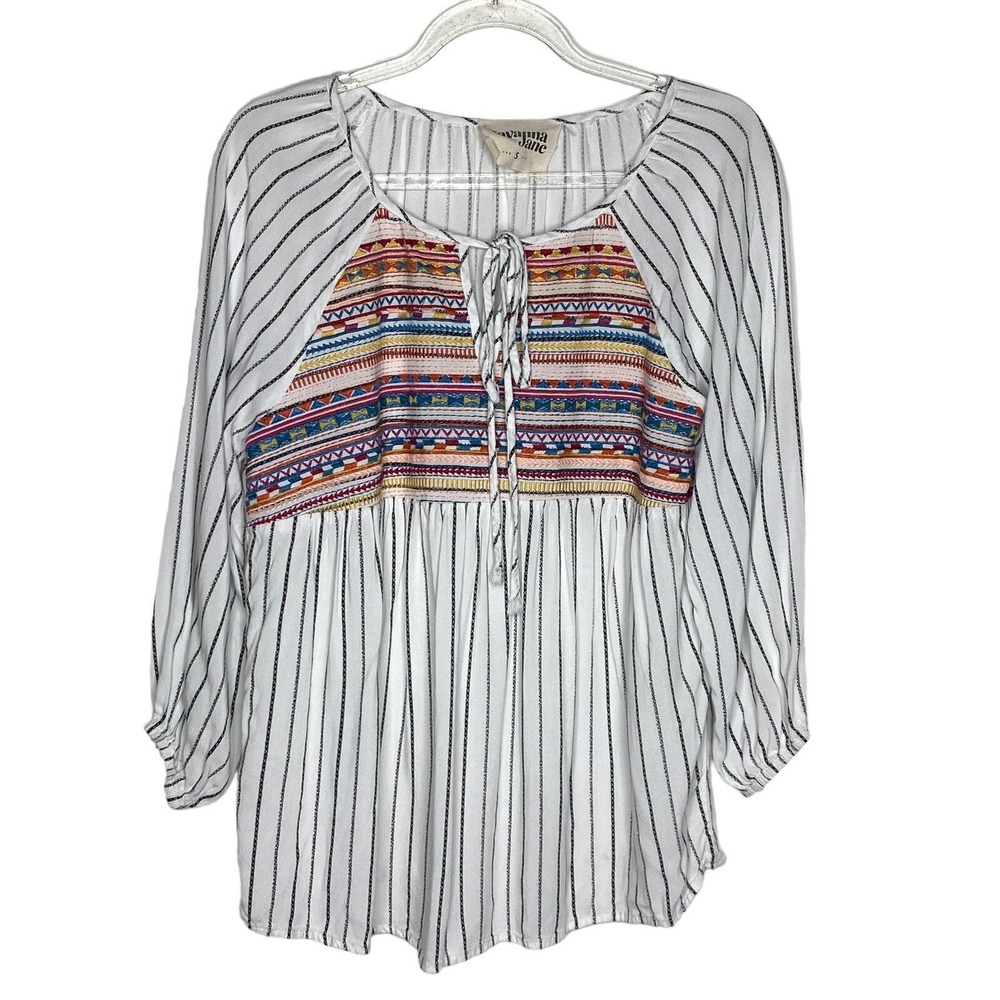 Savanna Jane Womens Size Small Black White Stripe Embroidered Blouse Cottagecore